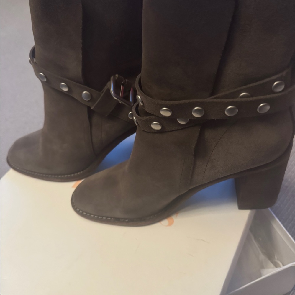 See by Chloe grey suede block heel boots